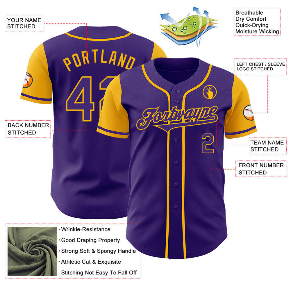 Custom Purple Gold Authentic Two Tone Baseball Jersey view 3