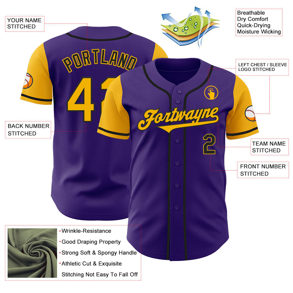 Custom Purple Gold-Black Authentic Two Tone Baseball Jersey view 3