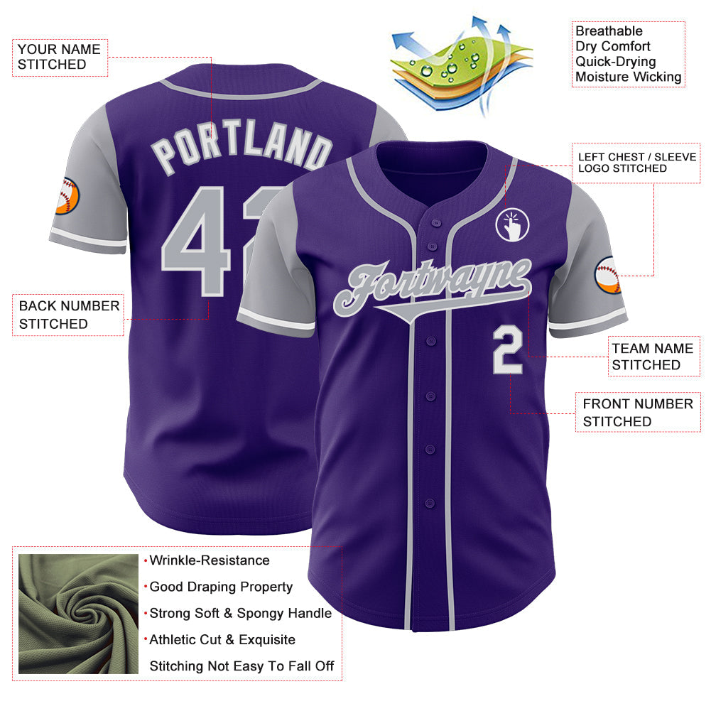 Custom Purple Gray-White Authentic Two Tone Baseball Jersey view 3