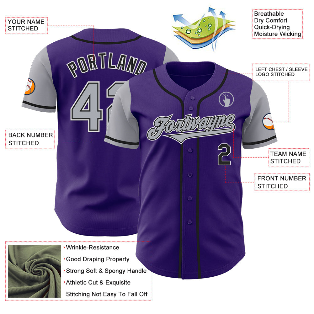 Custom Purple Gray-Black Authentic Two Tone Baseball Jersey view 3