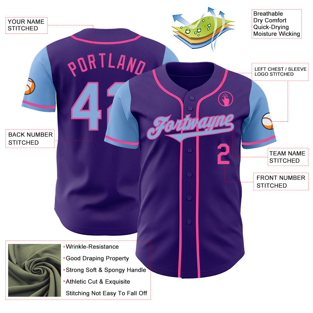 Custom Purple Light Blue-Pink Authentic Two Tone Baseball Jersey view 3