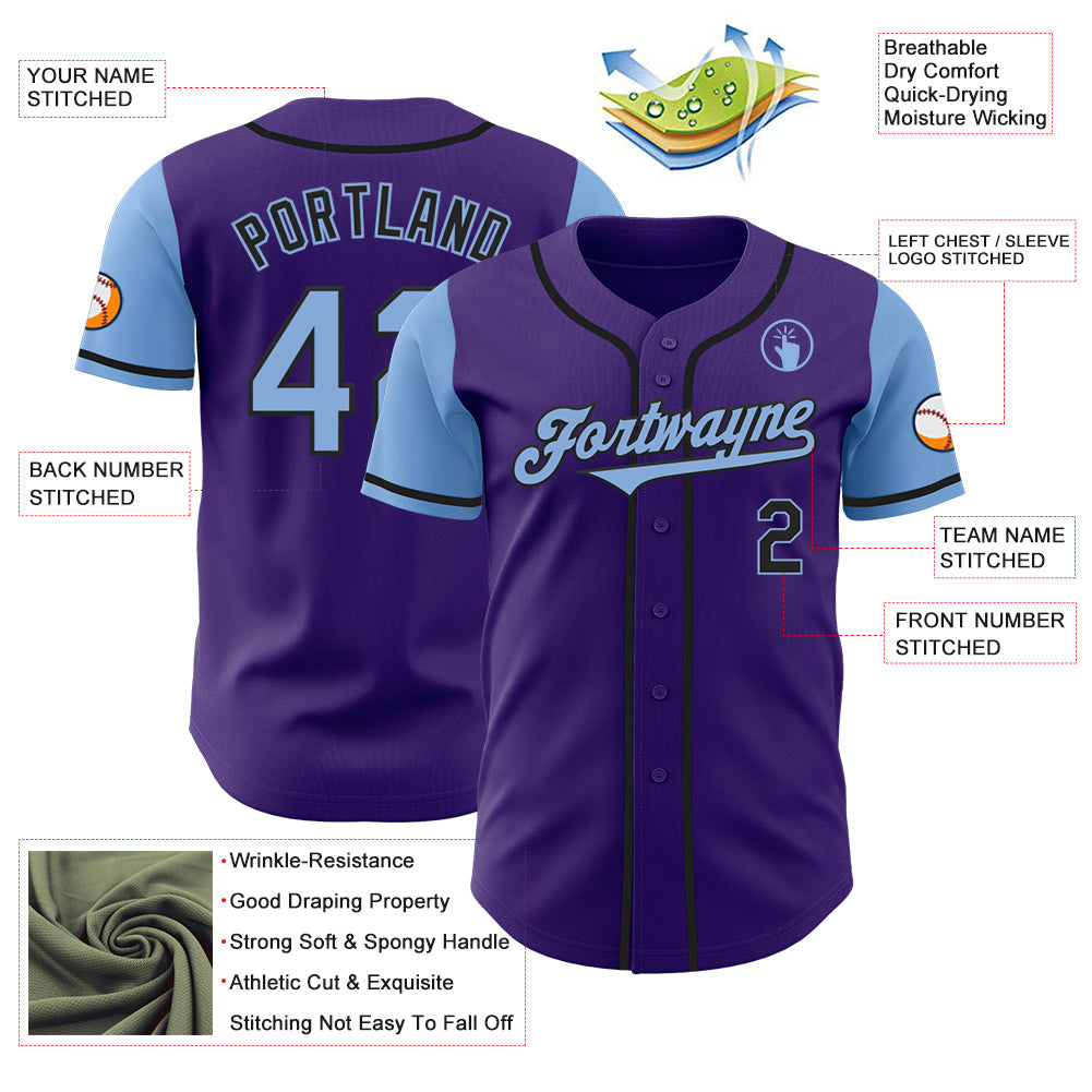 Custom Purple Light Blue-Black Authentic Two Tone Baseball Jersey view 3