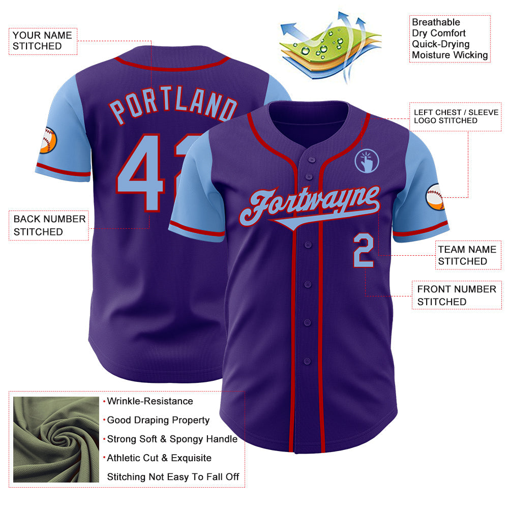 Custom Purple Light Blue-Red Authentic Two Tone Baseball Jersey view 3