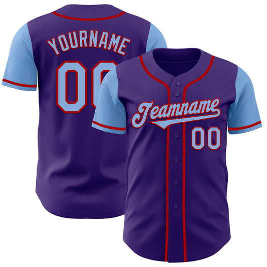 Custom Purple Light Blue-Red Authentic Two Tone Baseball Jersey - Main View
