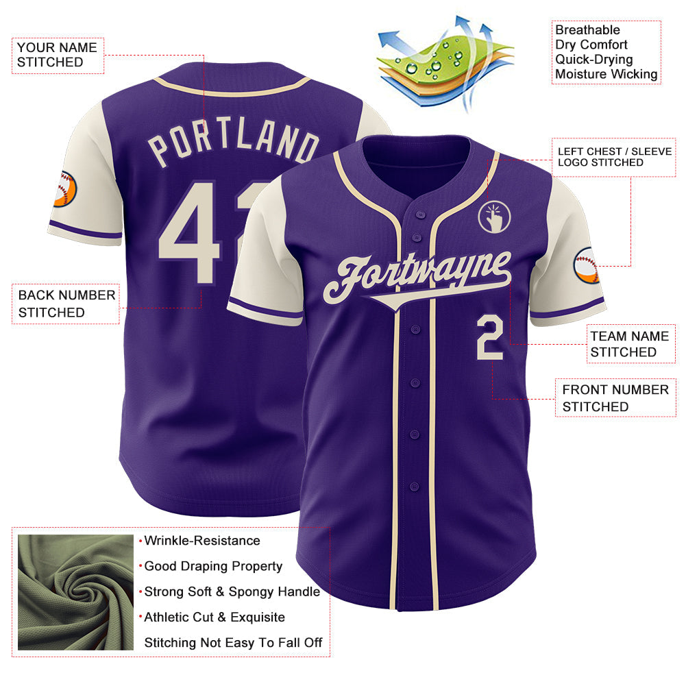 Custom Purple Cream Authentic Two Tone Baseball Jersey view 3