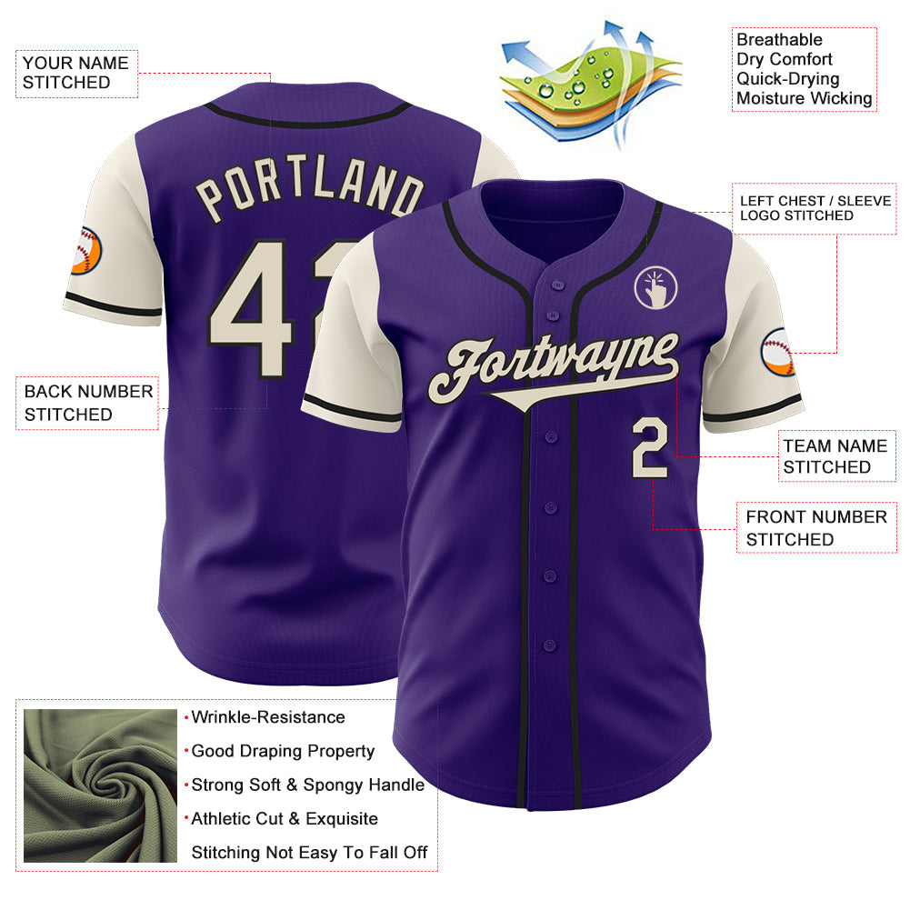 Custom Purple Cream-Black Authentic Two Tone Baseball Jersey view 3