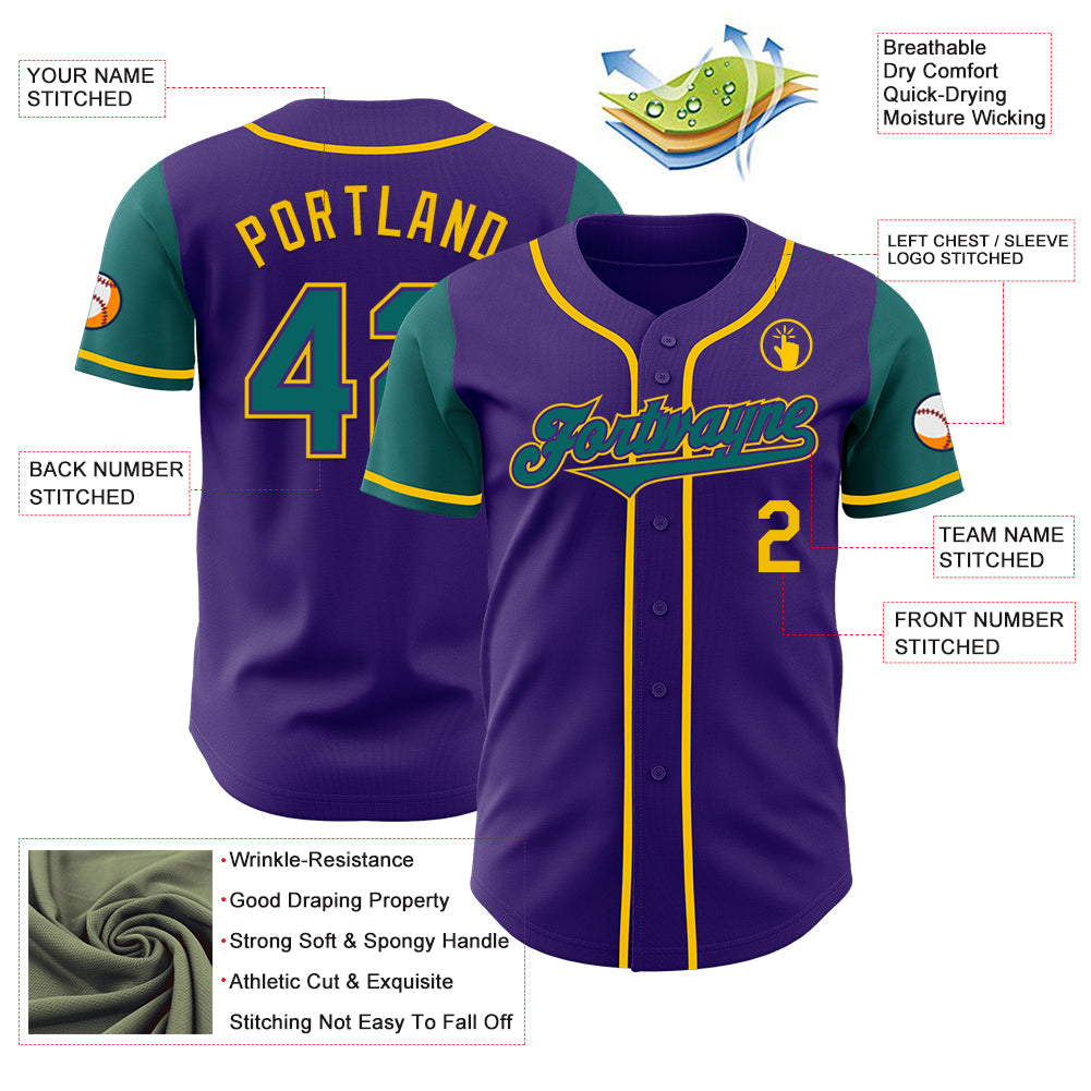 Custom Purple Teal-Yellow Authentic Two Tone Baseball Jersey view 3