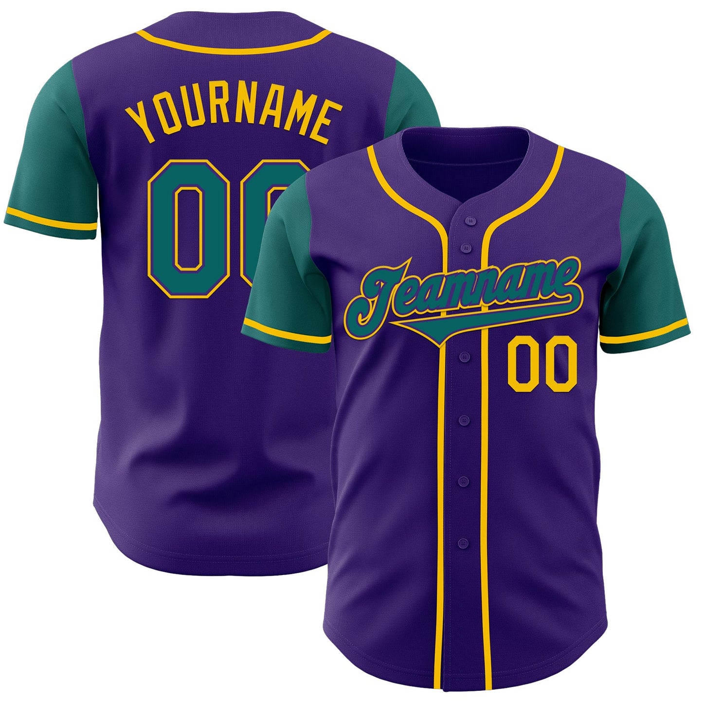 Custom Purple Teal-Yellow Authentic Two Tone Baseball Jersey - Main View