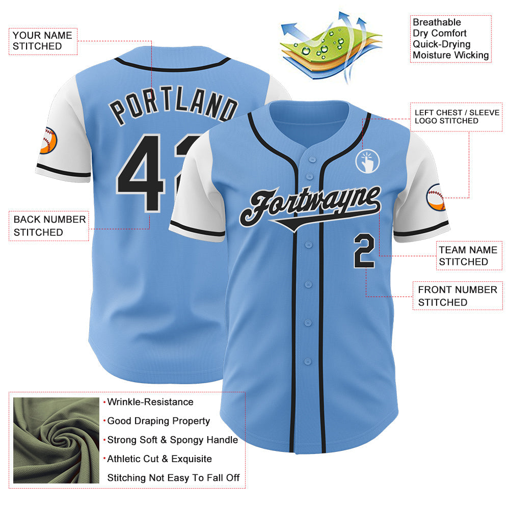 Custom Light Blue Black-White Authentic Two Tone Baseball Jersey view 3