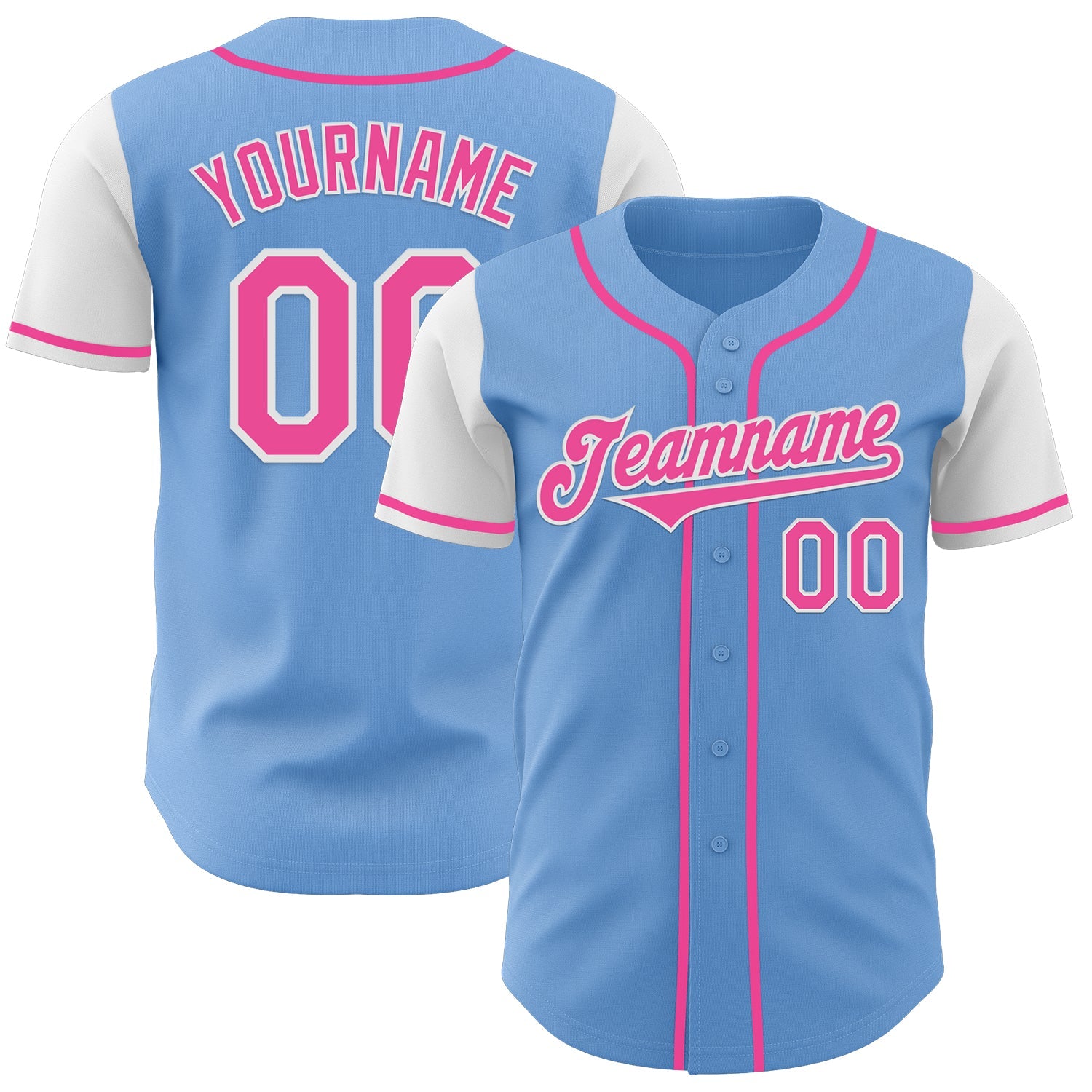 Custom Light Blue Pink-White Authentic Two Tone Baseball Jersey - Main View
