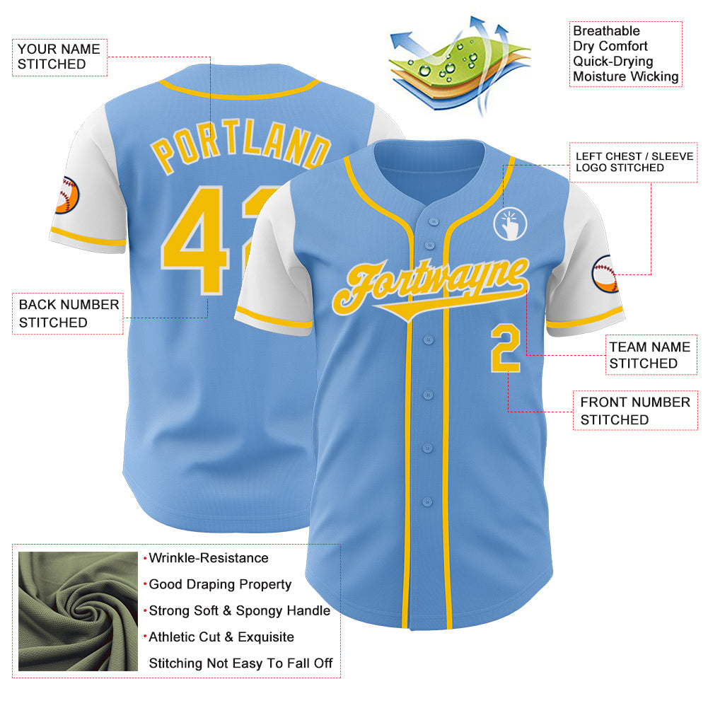 Custom Light Blue Yellow-White Authentic Two Tone Baseball Jersey view 3