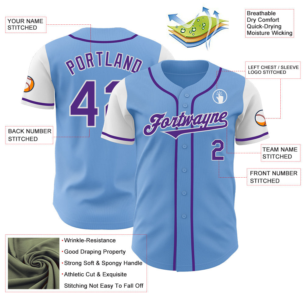 Custom Light Blue Purple-White Authentic Two Tone Baseball Jersey view 3