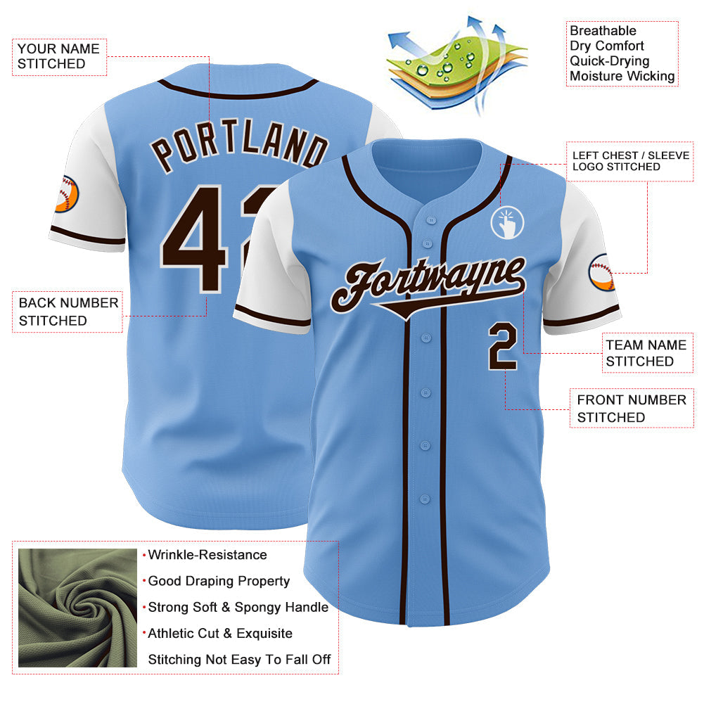 Custom Light Blue Brown-White Authentic Two Tone Baseball Jersey view 3
