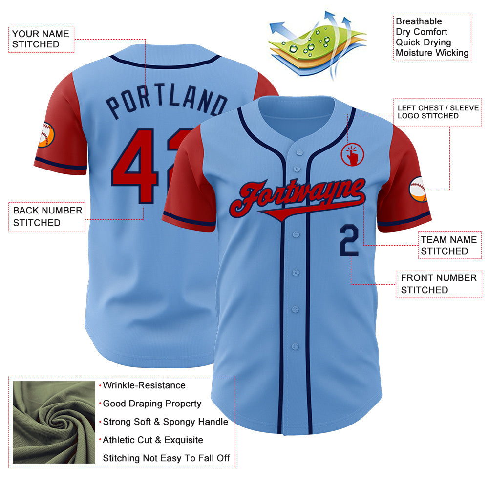 Custom Light Blue Red-Navy Authentic Two Tone Baseball Jersey view 3