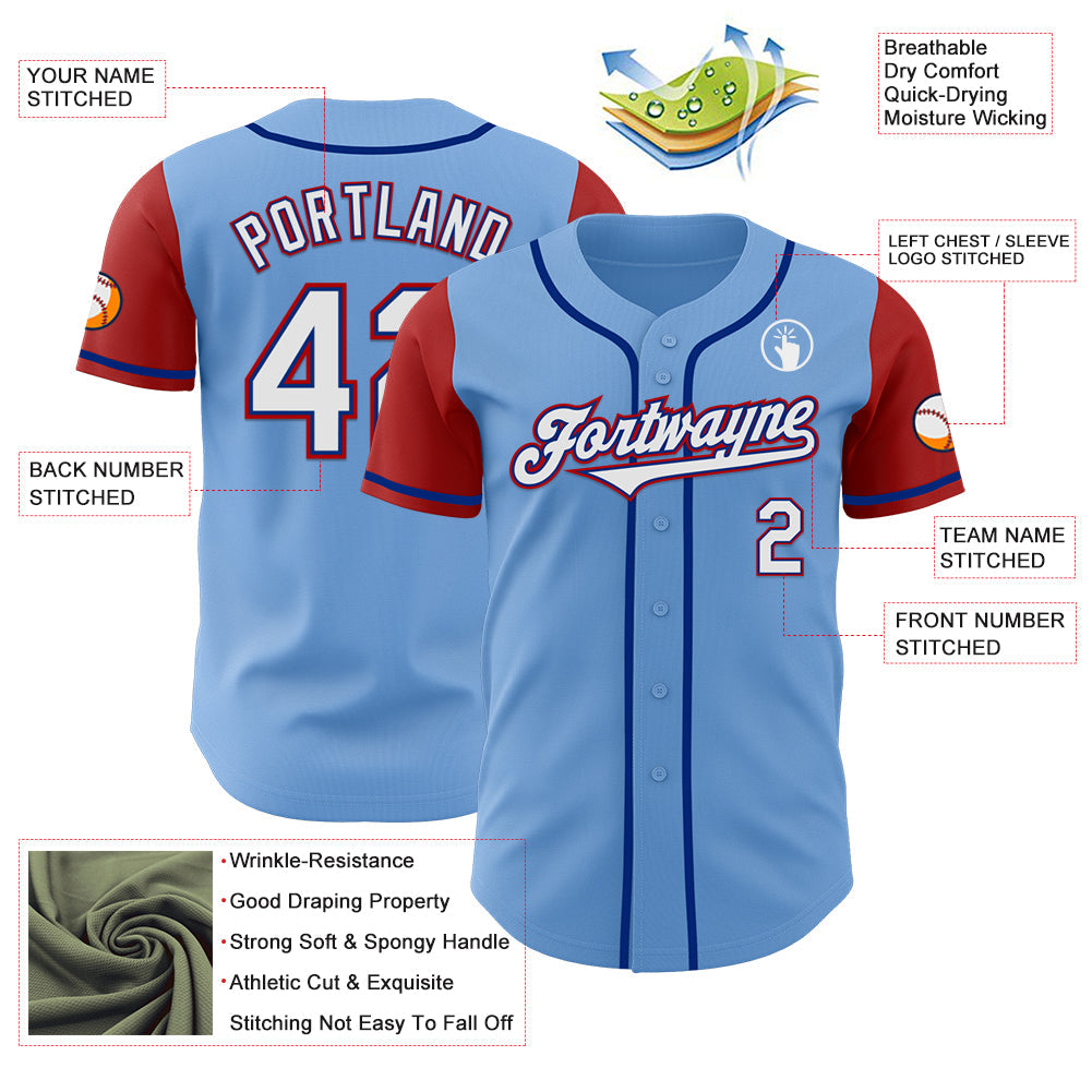 Custom Light Blue Royal-Red Authentic Two Tone Baseball Jersey view 3