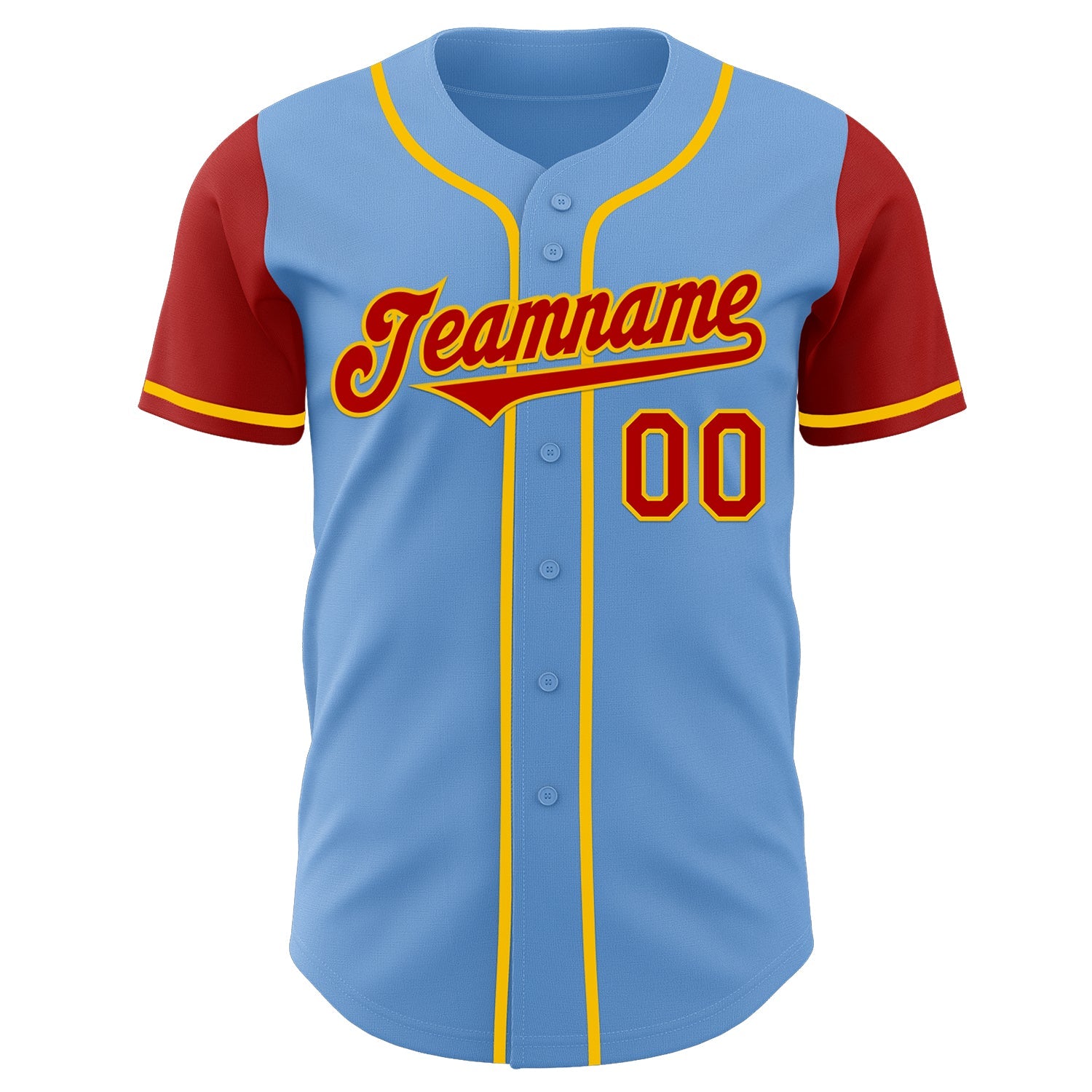Custom Light Blue Red-Yellow Authentic Two Tone Baseball Jersey view 2