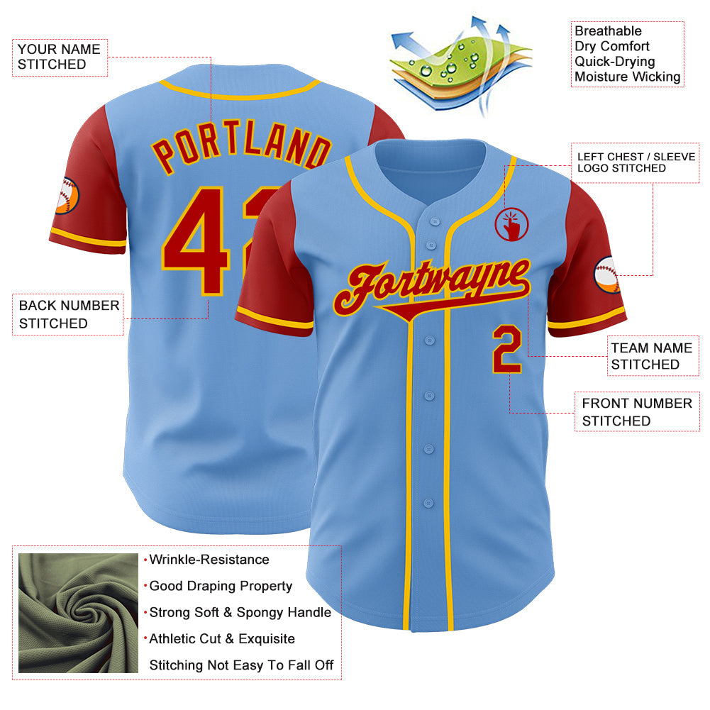 Custom Light Blue Red-Yellow Authentic Two Tone Baseball Jersey view 3