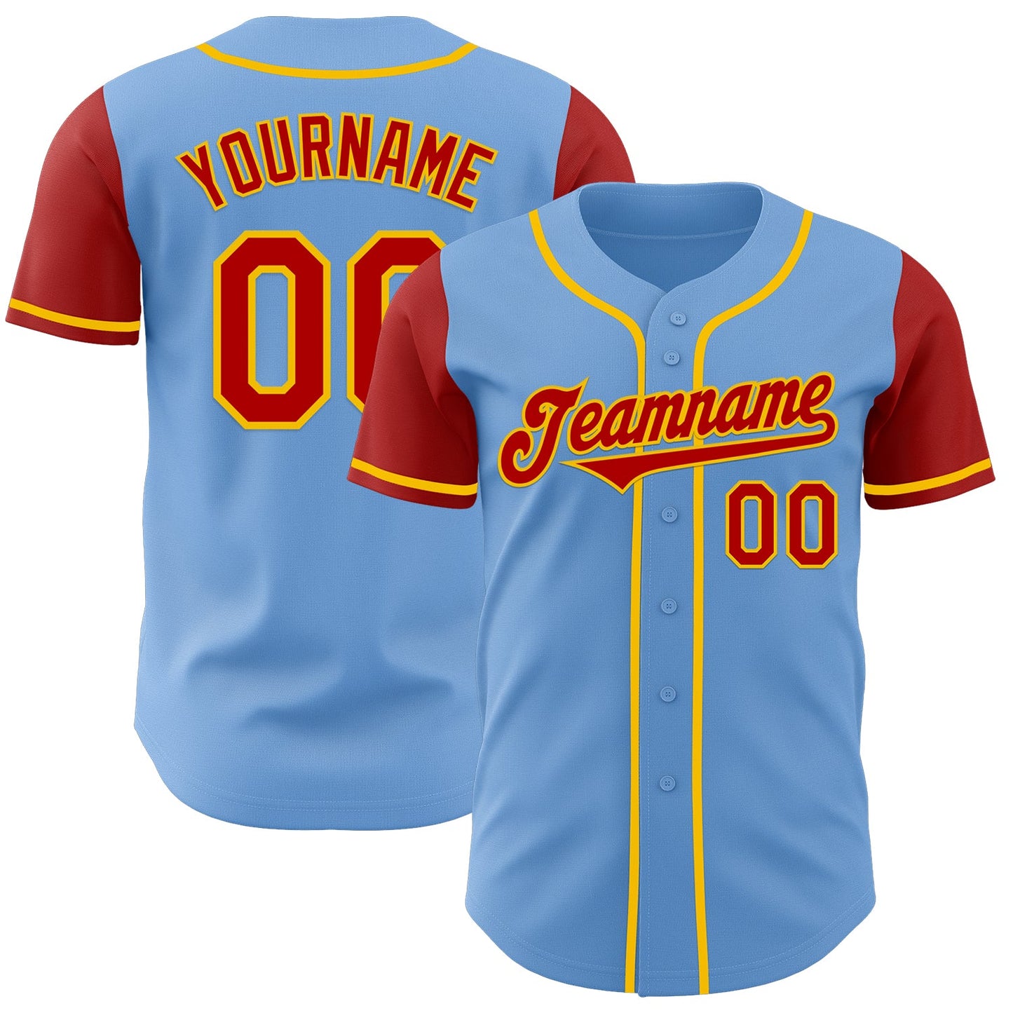 Custom Light Blue Red-Yellow Authentic Two Tone Baseball Jersey - Main View