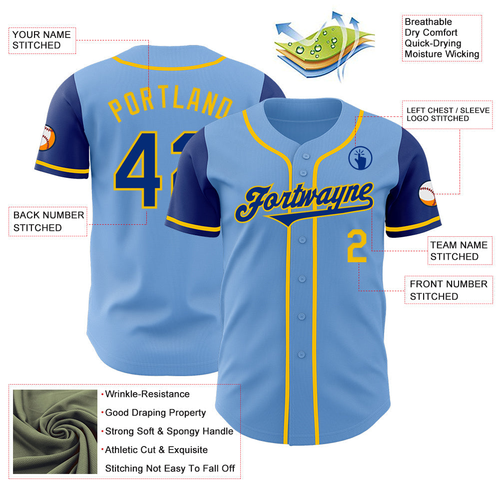 Custom Light Blue Royal-Yellow Authentic Two Tone Baseball Jersey view 3