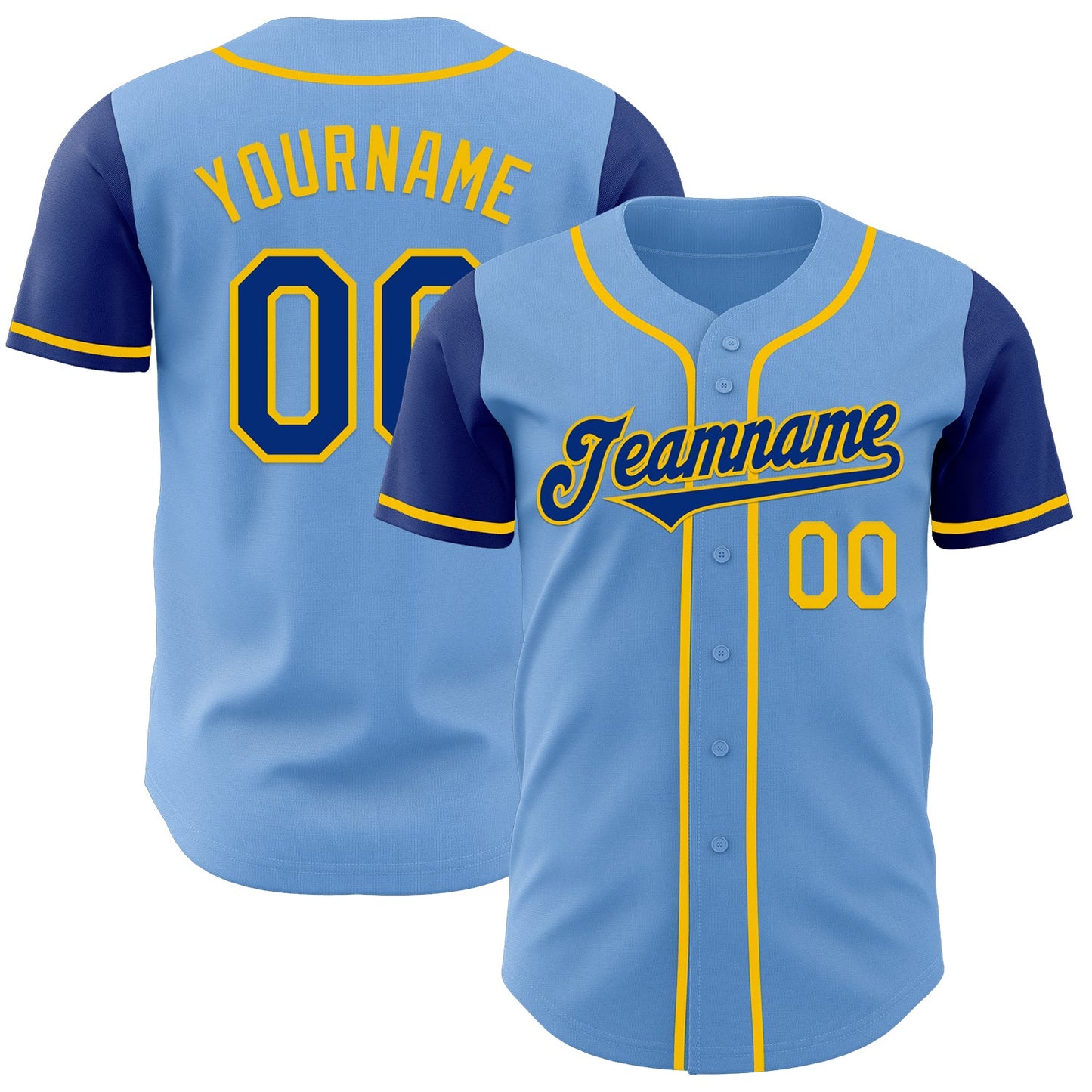 Custom Light Blue Royal-Yellow Authentic Two Tone Baseball Jersey - Main View