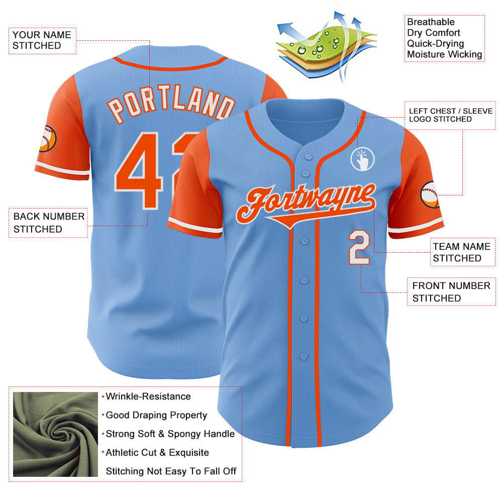 Custom Light Blue Orange-White Authentic Two Tone Baseball Jersey view 3