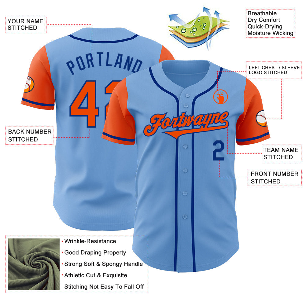 Custom Light Blue Orange-Royal Authentic Two Tone Baseball Jersey view 3