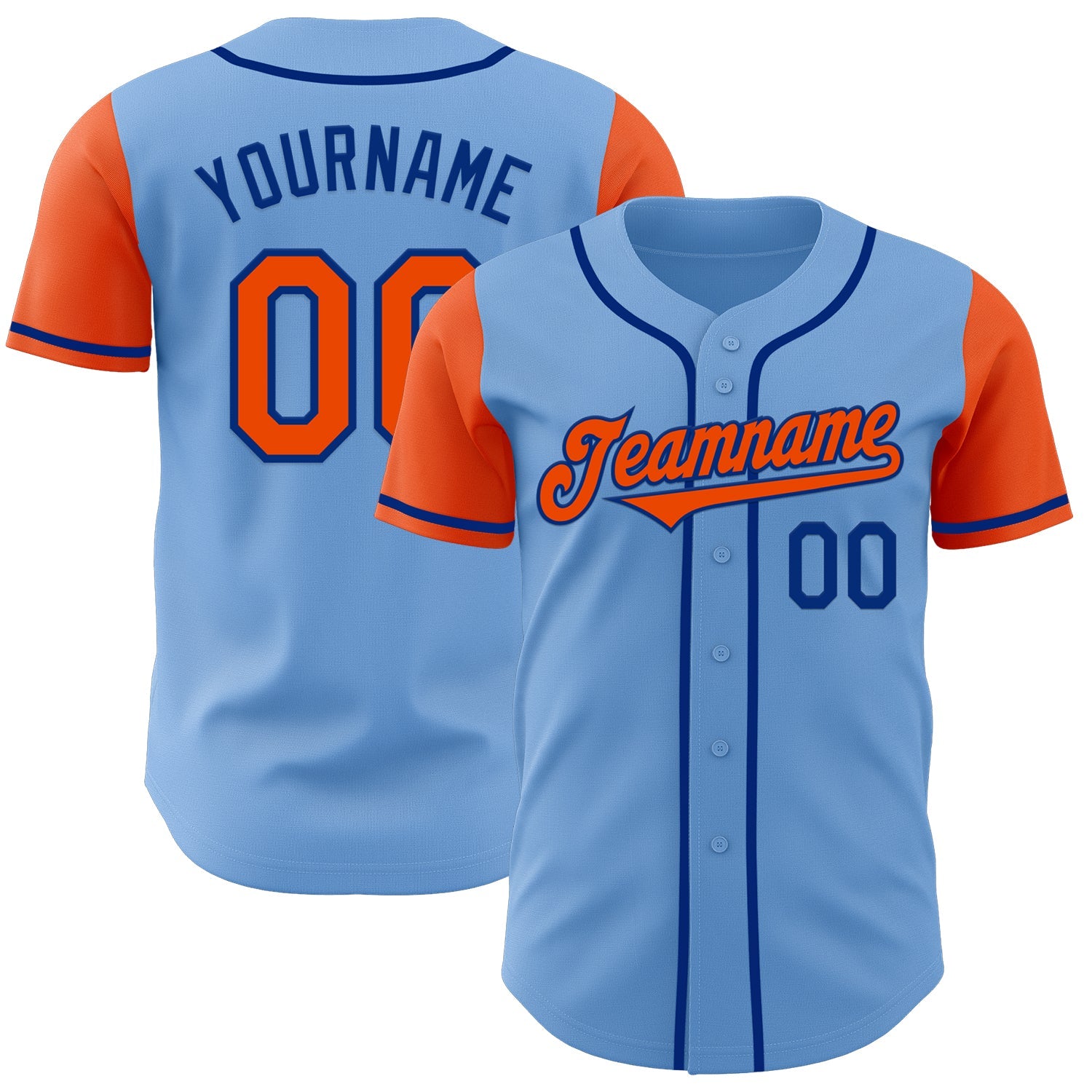 Custom Light Blue Orange-Royal Authentic Two Tone Baseball Jersey - Main View