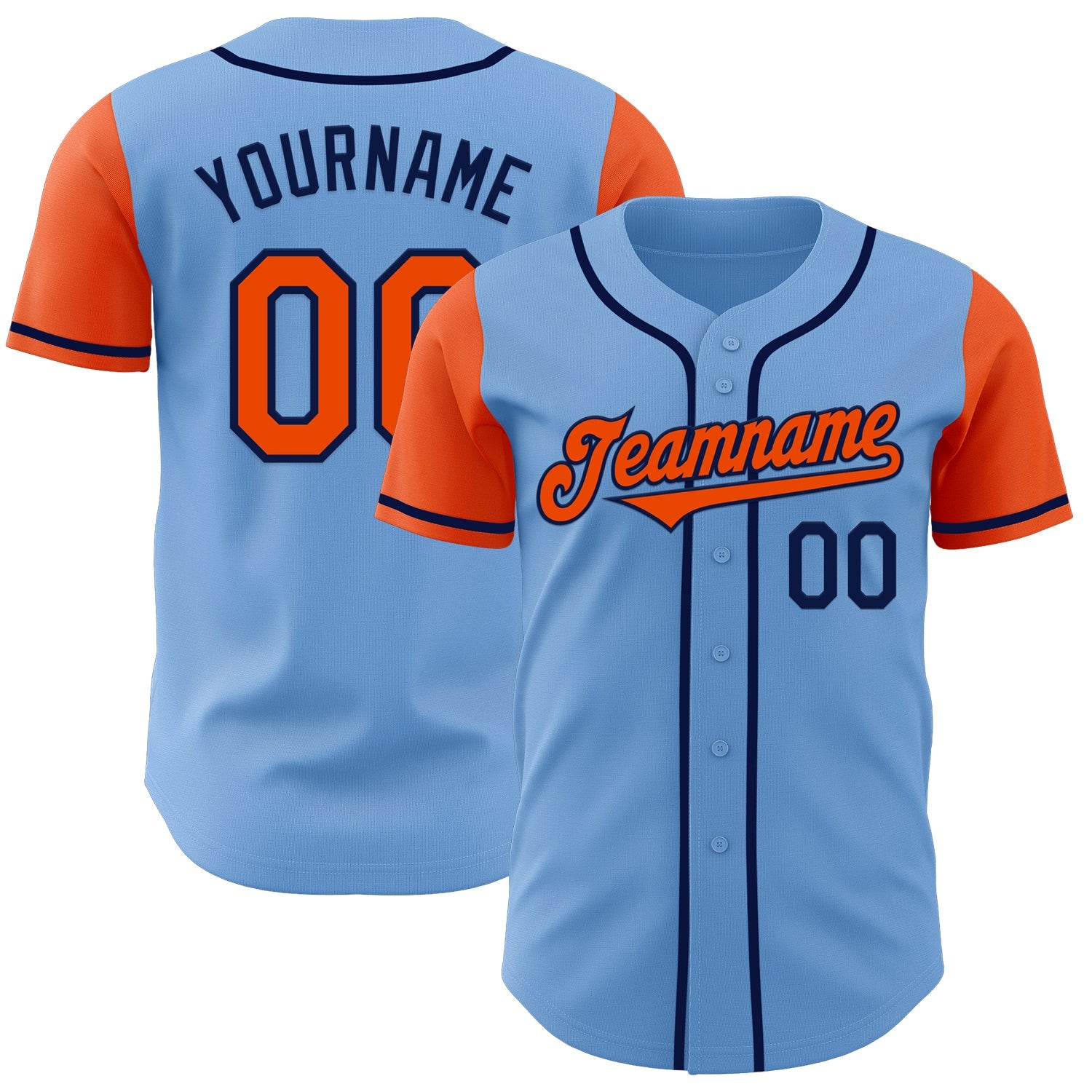 Custom Light Blue Orange-Navy Authentic Two Tone Baseball Jersey - Main View