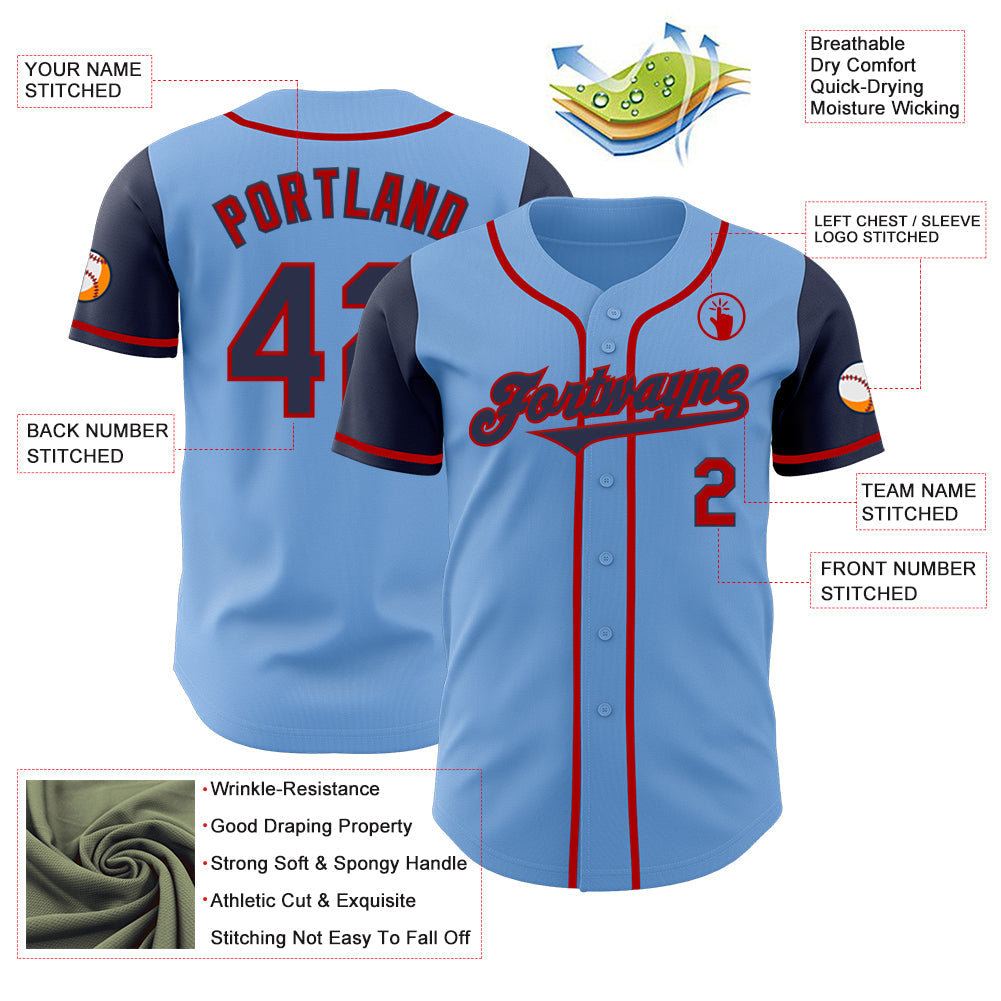 Custom Light Blue Navy-Red Authentic Two Tone Baseball Jersey view 3
