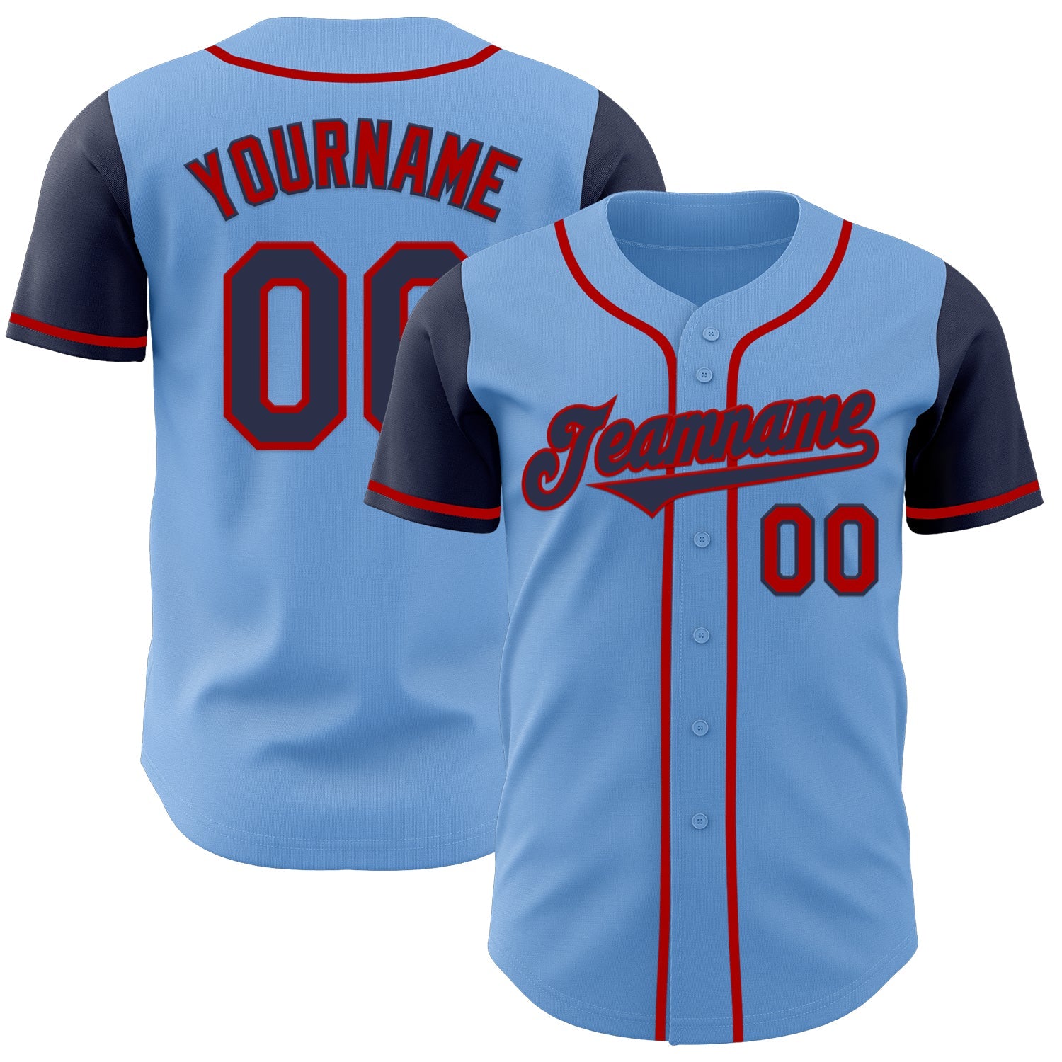 Custom Light Blue Navy-Red Authentic Two Tone Baseball Jersey - Main View