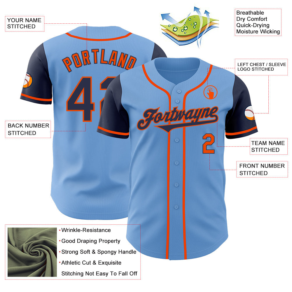 Custom Light Blue Navy-Orange Authentic Two Tone Baseball Jersey view 3