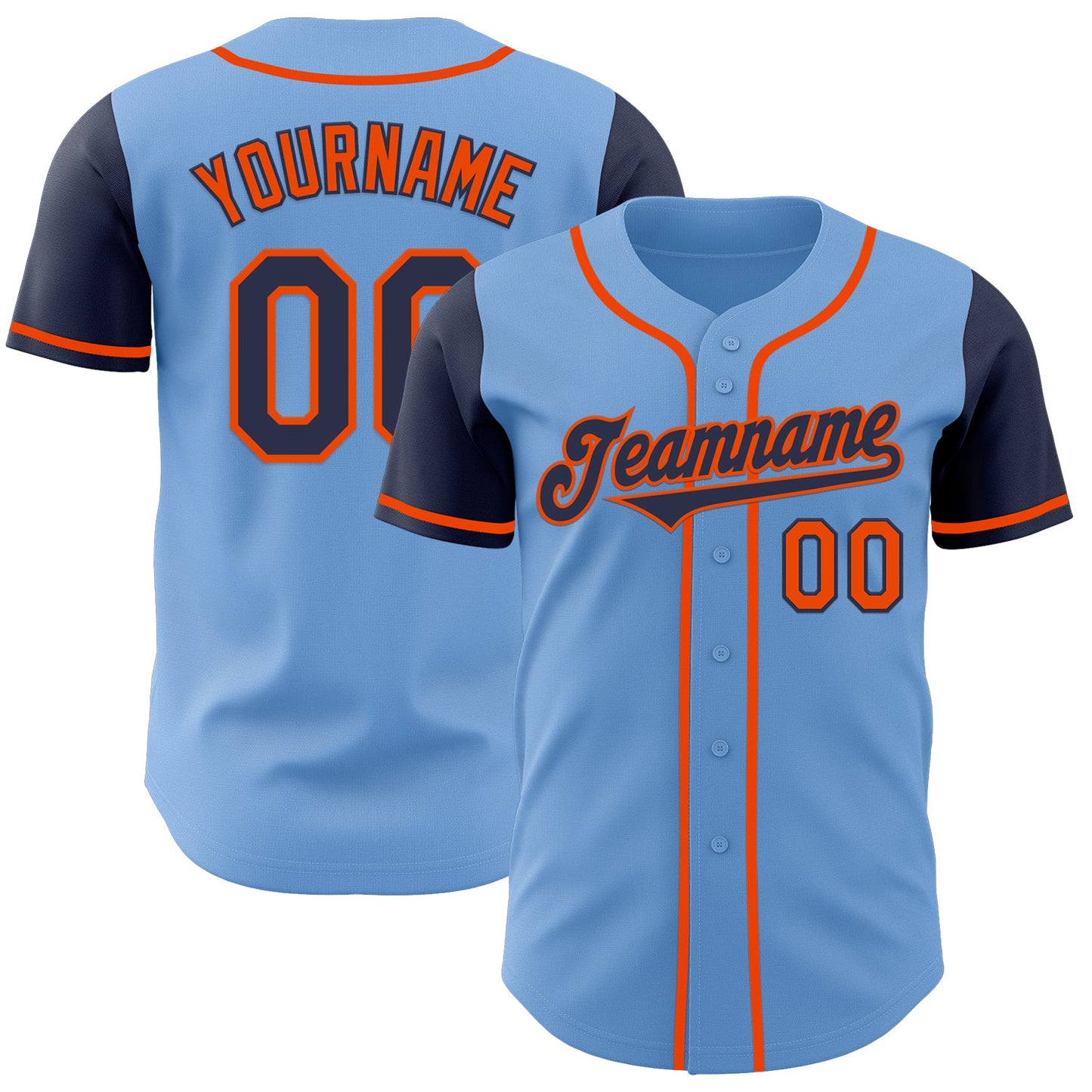 Custom Light Blue Navy-Orange Authentic Two Tone Baseball Jersey - Main View