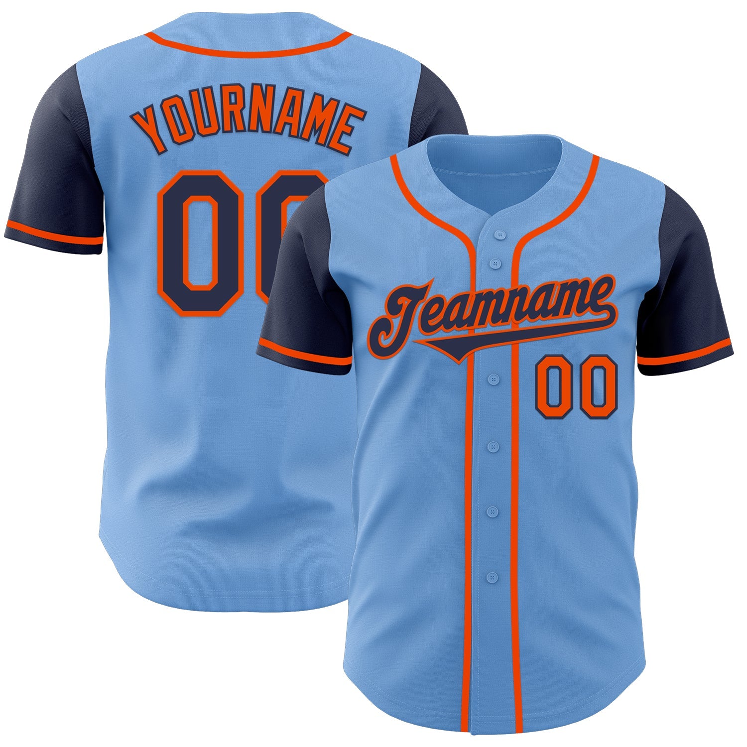 Custom Light Blue Navy-Orange Authentic Two Tone Baseball Jersey - Main View