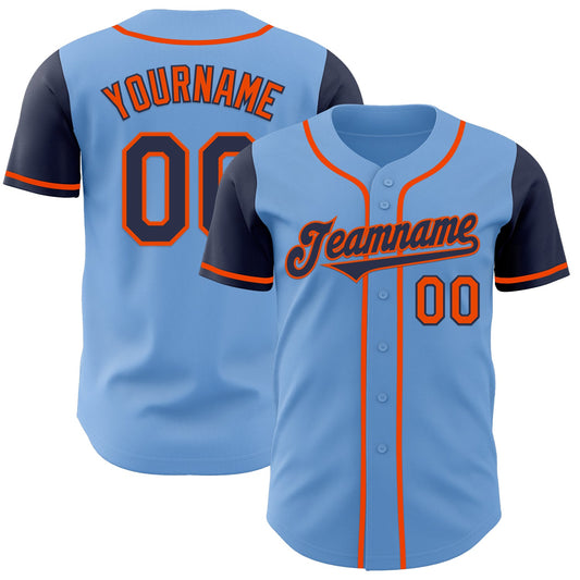 Custom Light Blue Navy-Orange Authentic Two Tone Baseball Jersey - Main View