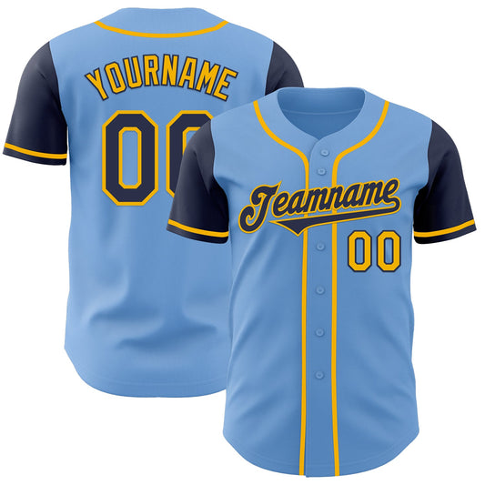 Custom Light Blue Navy-Gold Authentic Two Tone Baseball Jersey - Main View