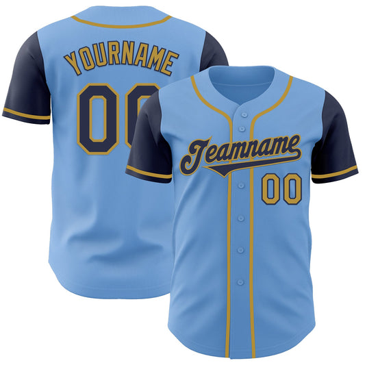 Custom Light Blue Navy-Old Gold Authentic Two Tone Baseball Jersey - Main View