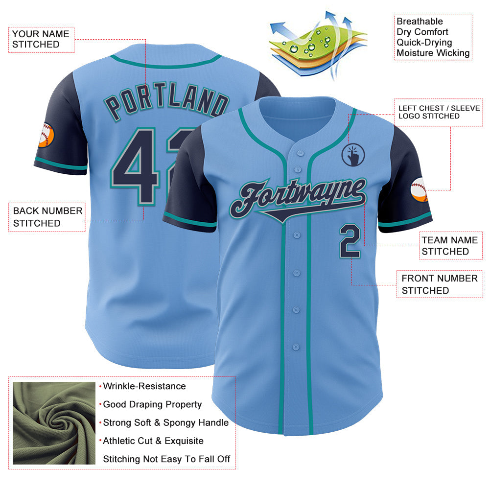Custom Light Blue Navy Gray-Teal Authentic Two Tone Baseball Jersey view 3