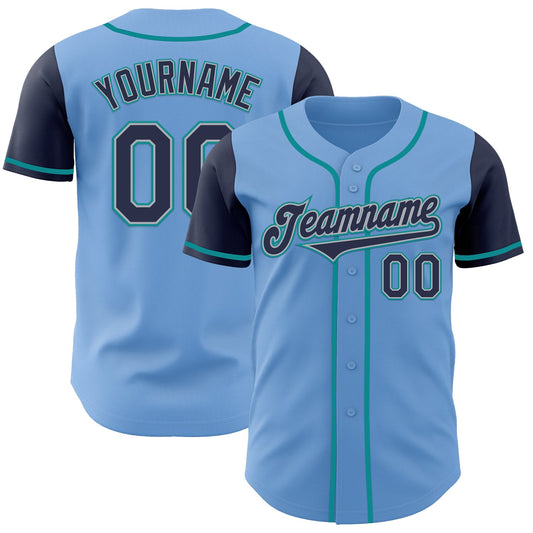 Custom Light Blue Navy Gray-Teal Authentic Two Tone Baseball Jersey - Main View
