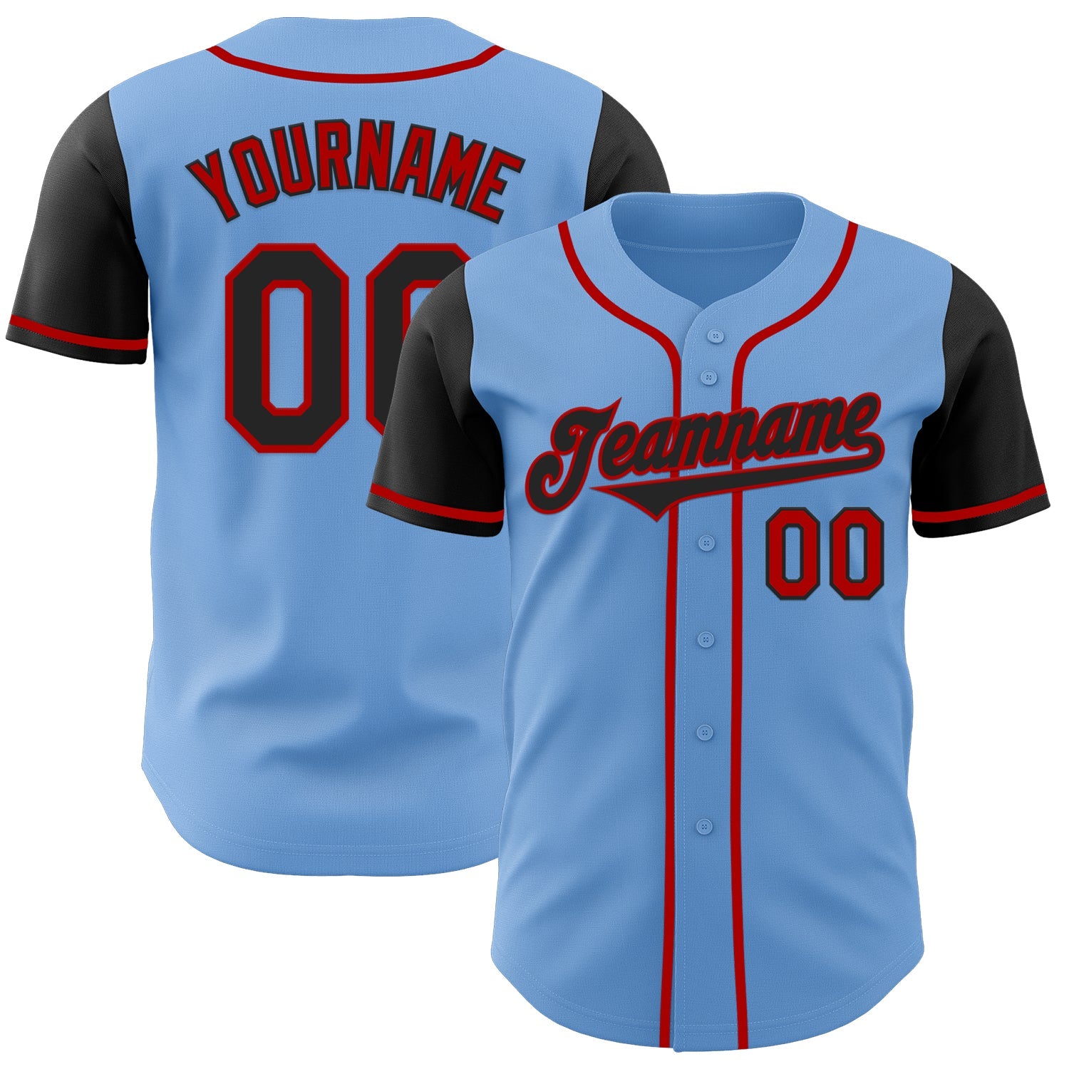 Custom Light Blue Black-Red Authentic Two Tone Baseball Jersey - Main View