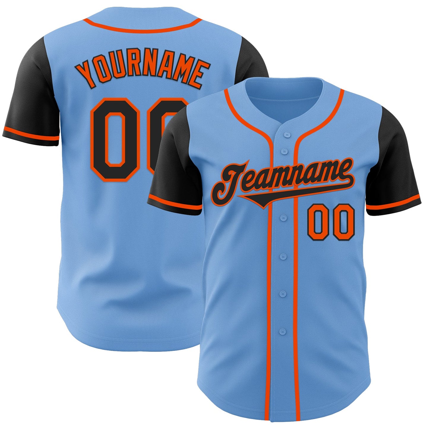 Custom Light Blue Black-Orange Authentic Two Tone Baseball Jersey - Main View