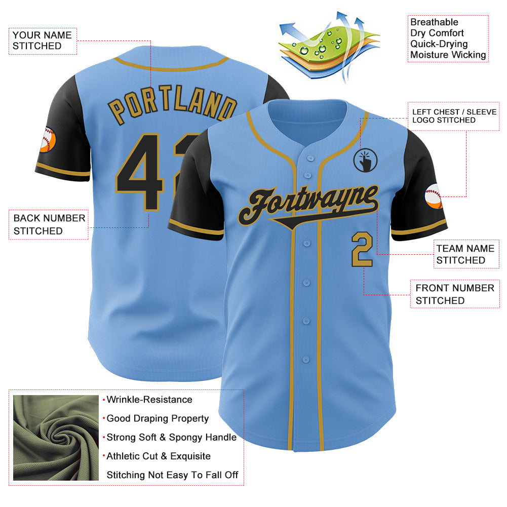 Custom Light Blue Black-Old Gold Authentic Two Tone Baseball Jersey view 3