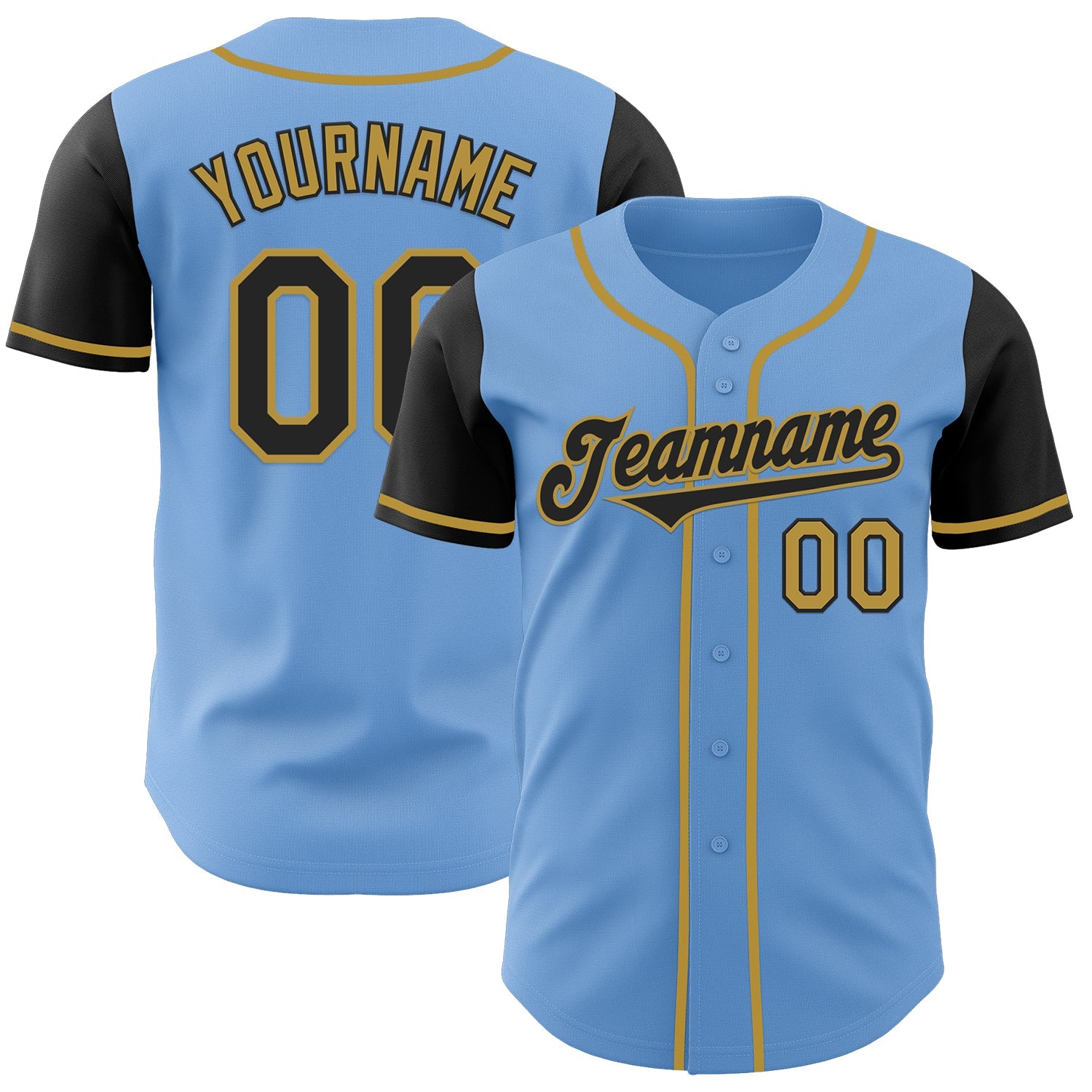 Custom Light Blue Black-Old Gold Authentic Two Tone Baseball Jersey - Main View