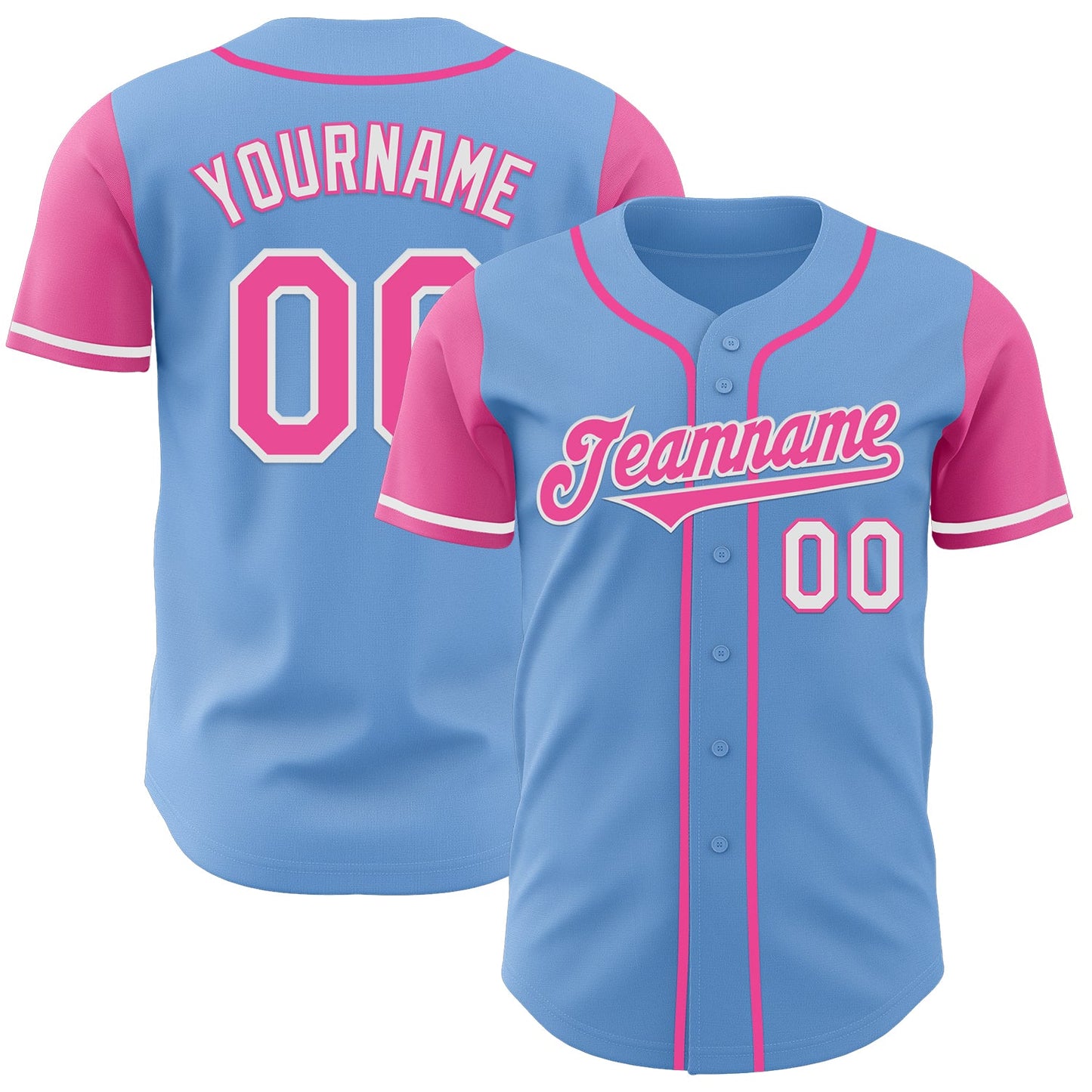 Custom Light Blue Pink-White Authentic Two Tone Baseball Jersey - Main View