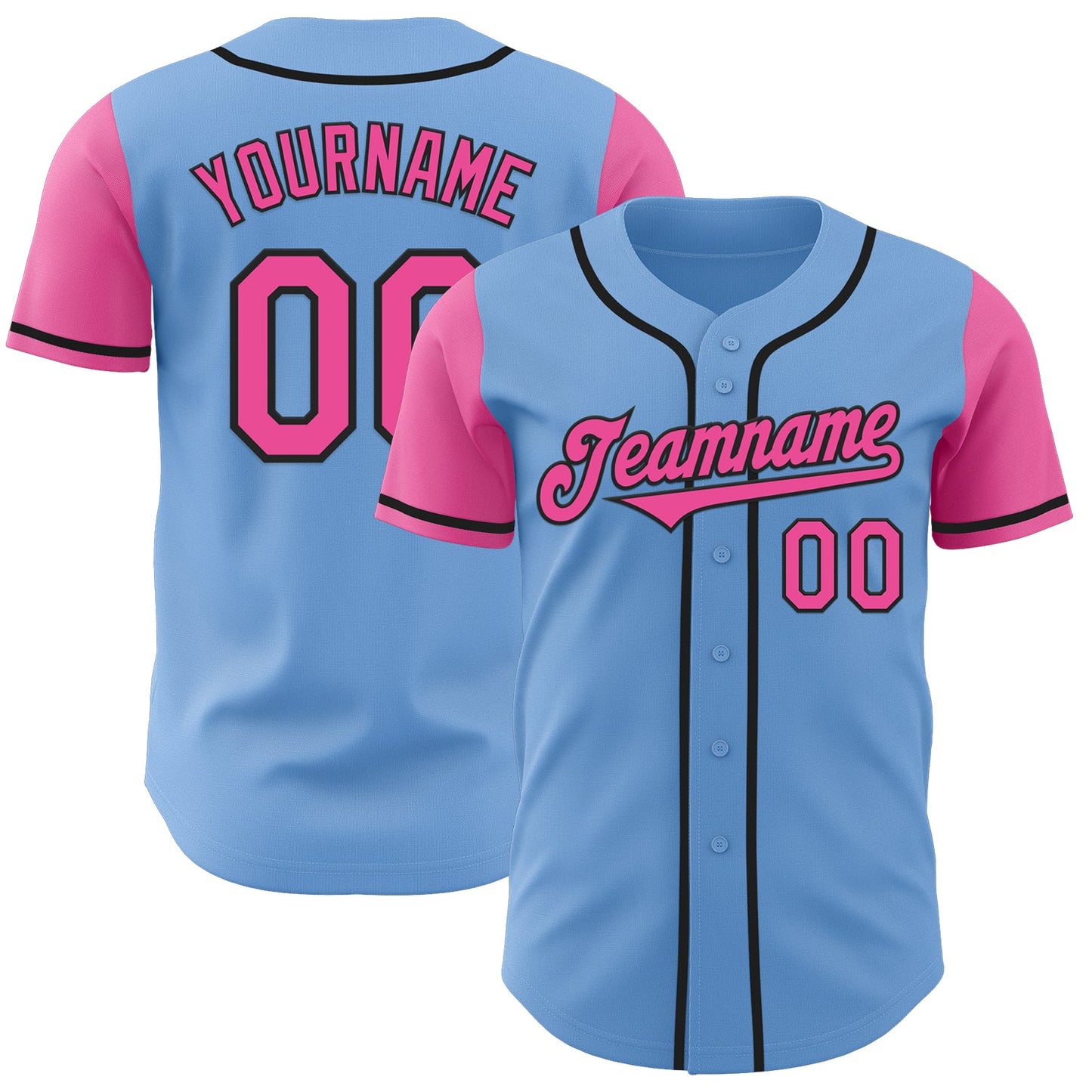 Custom Light Blue Pink-Black Authentic Two Tone Baseball Jersey - Main View