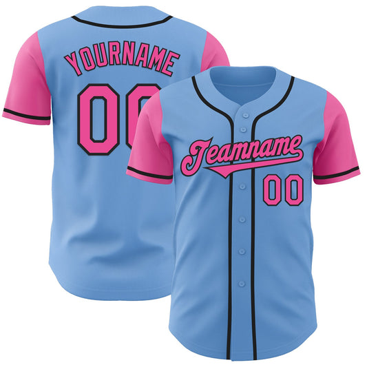 Custom Light Blue Pink-Black Authentic Two Tone Baseball Jersey - Main View
