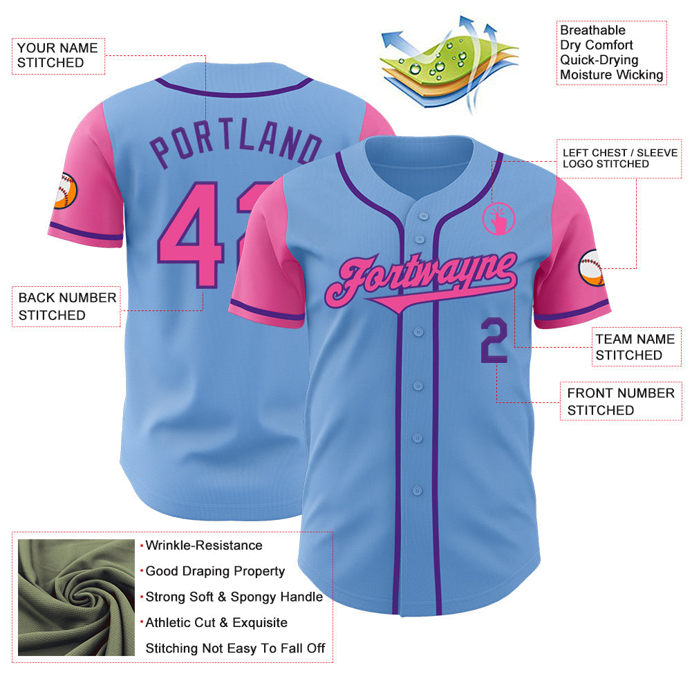Custom Light Blue Pink-Purple Authentic Two Tone Baseball Jersey view 3