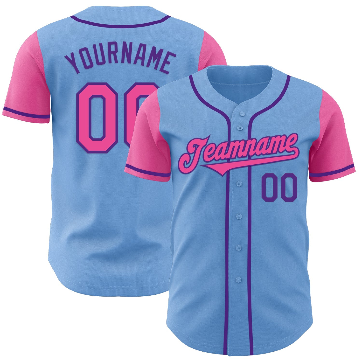 Custom Light Blue Pink-Purple Authentic Two Tone Baseball Jersey - Main View