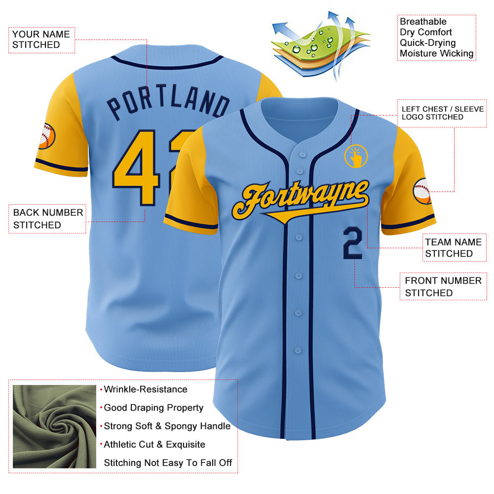 Custom Light Blue Gold-Navy Authentic Two Tone Baseball Jersey view 3