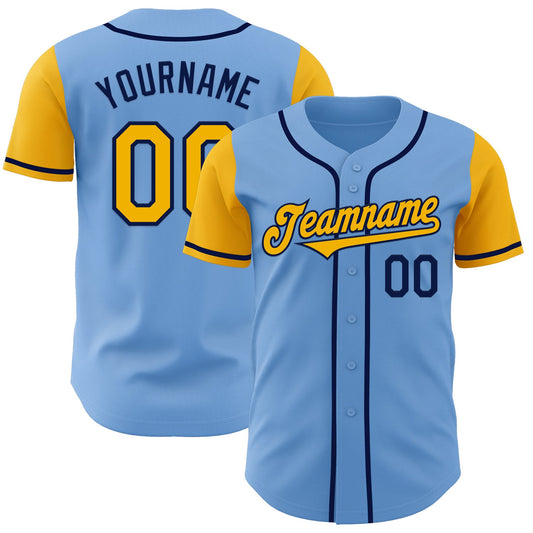 Custom Light Blue Gold-Navy Authentic Two Tone Baseball Jersey - Main View