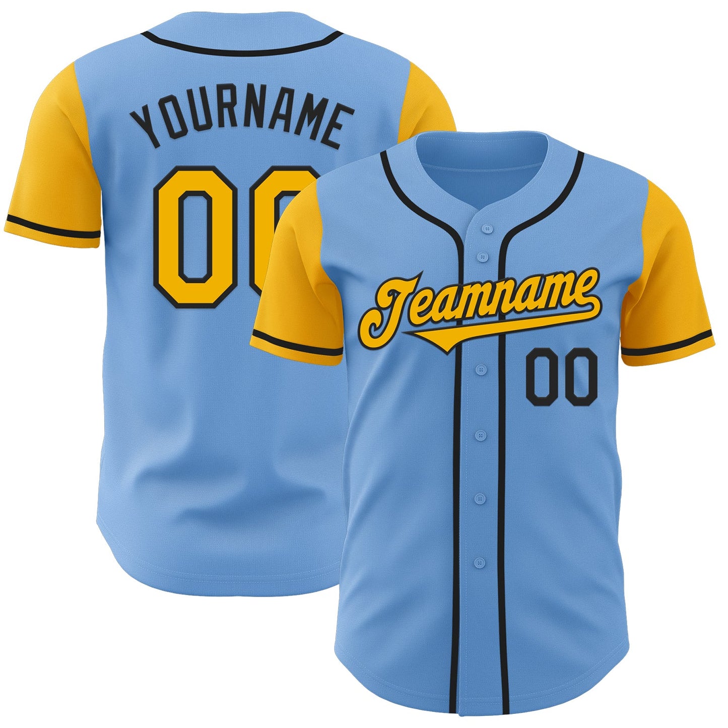 Custom Light Blue Gold-Black Authentic Two Tone Baseball Jersey - Main View